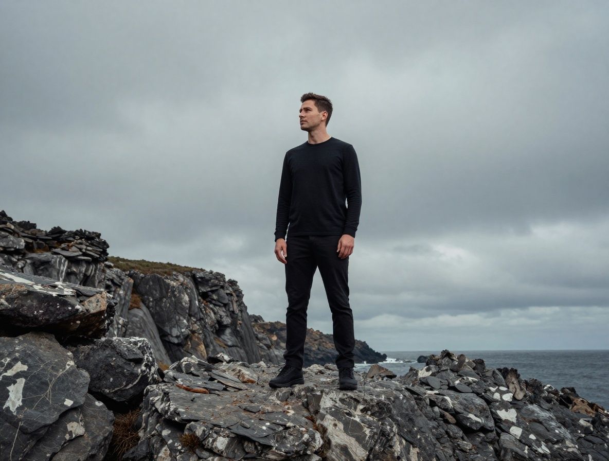 Man standing alone on a rocky coastal path overlooking the sea, steady posture against a grey sky with dramatic natural landscape