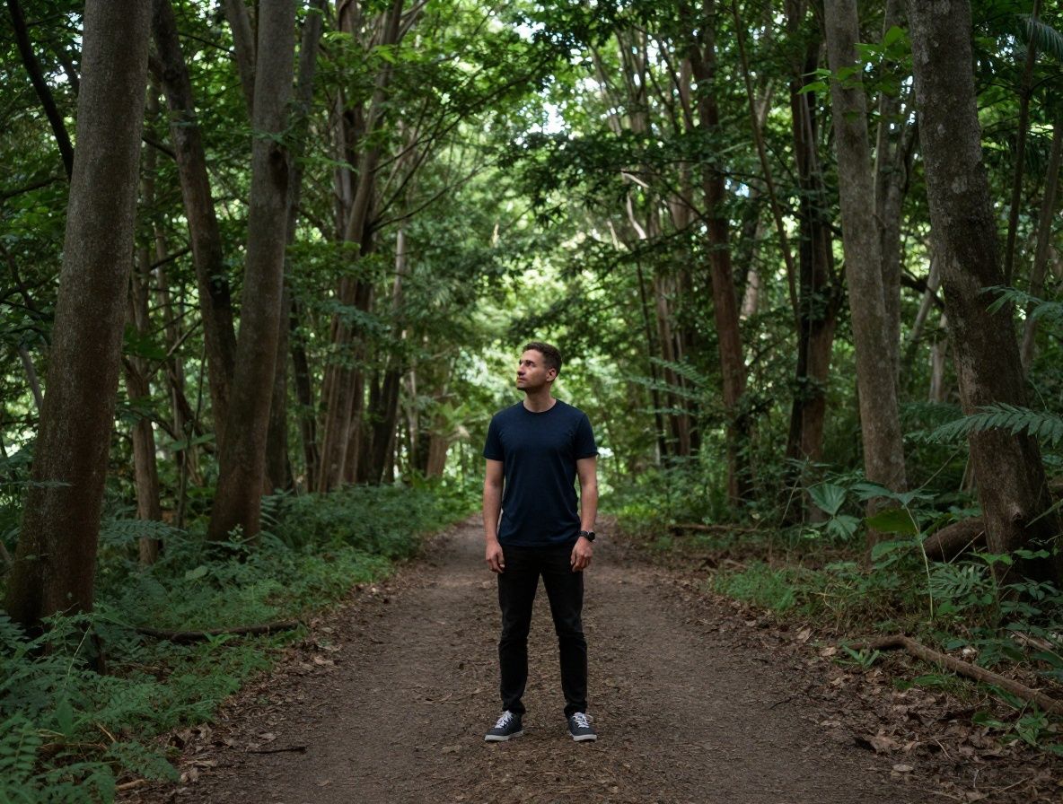 Man standing at the edge of a quiet path through tall trees, light filtering through a forest canopy, contemplative stance in natural surroundings