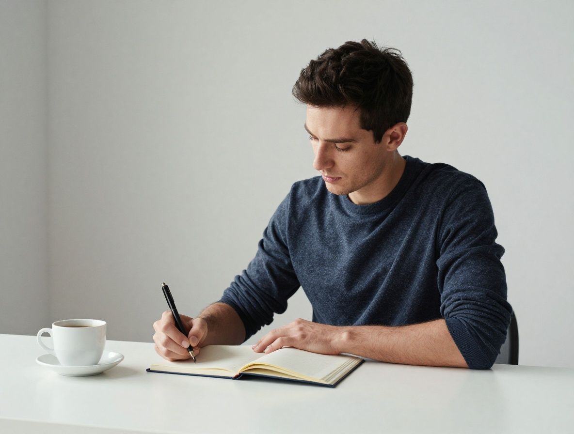Man seated at a minimal desk in early morning light, writing in a journal with a cup of coffee nearby, serene and deliberate atmosphere